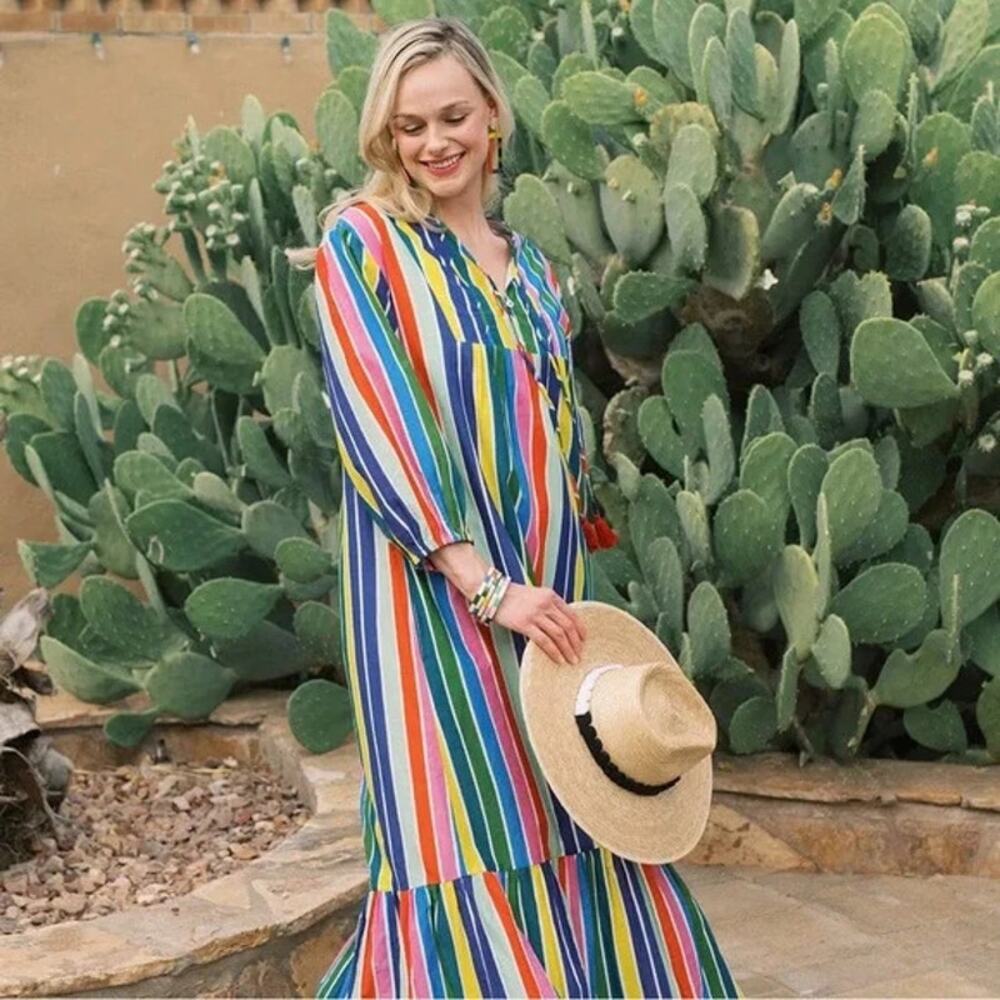 SUNSHINE TIENDA Copa Dress Rainbow Stripe Maxi Size Small Colorful Dopamine